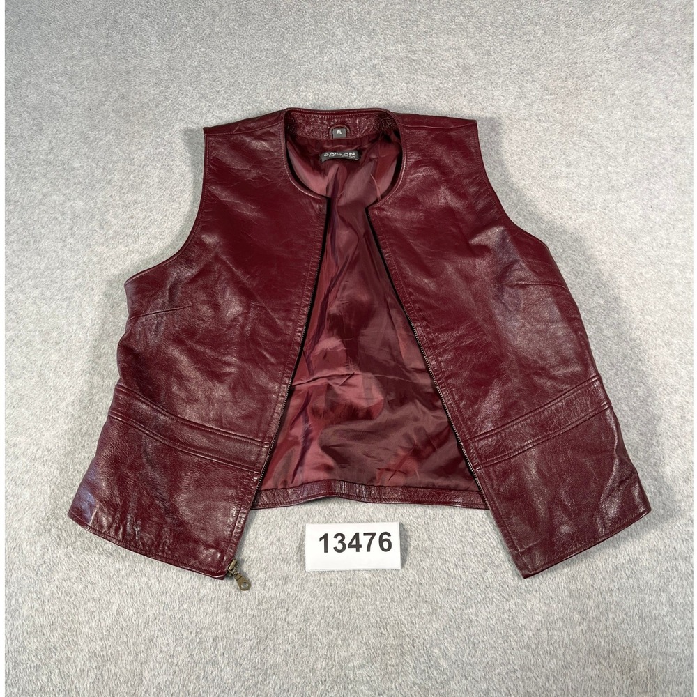 Garson Biker Vest Womens PL Burgundy Leather Round Neck Racing Full Zip Casual
